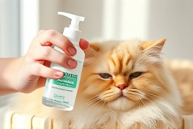 Cat receiving waterless shampoo, showing gentle care and cleanliness.